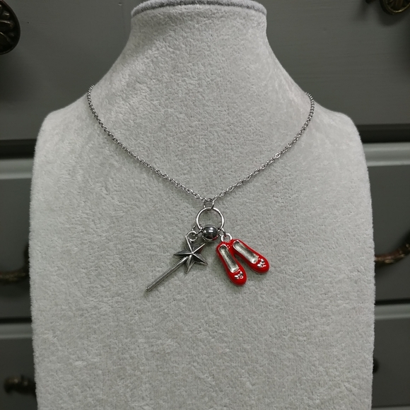 Magic Wand & Ruby Red Slippers Charm Necklace Adjustable Stainless-Steel Chain - Picture 3 of 6